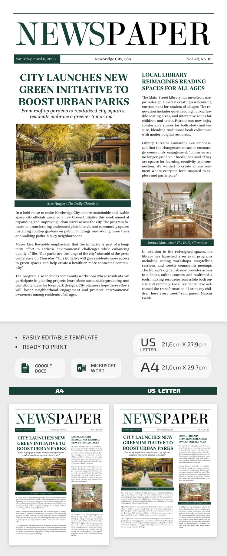 Preview of Newspaper Front Page Template for Google Docs and Microsoft Word