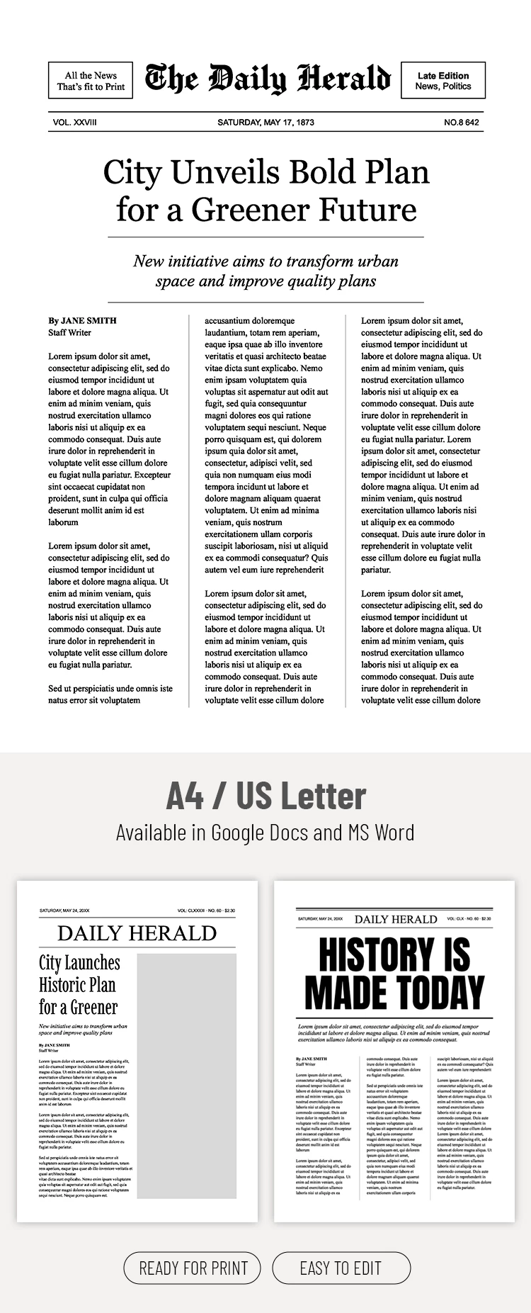 Preview of Newspaper Headline Template for Google Docs and Microsoft Word