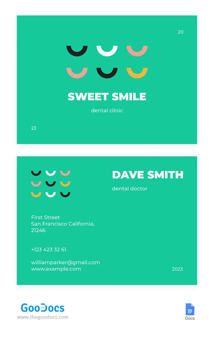 Cartão de visita bonito e verde para dentistas. - free Google Docs Template - 10065490