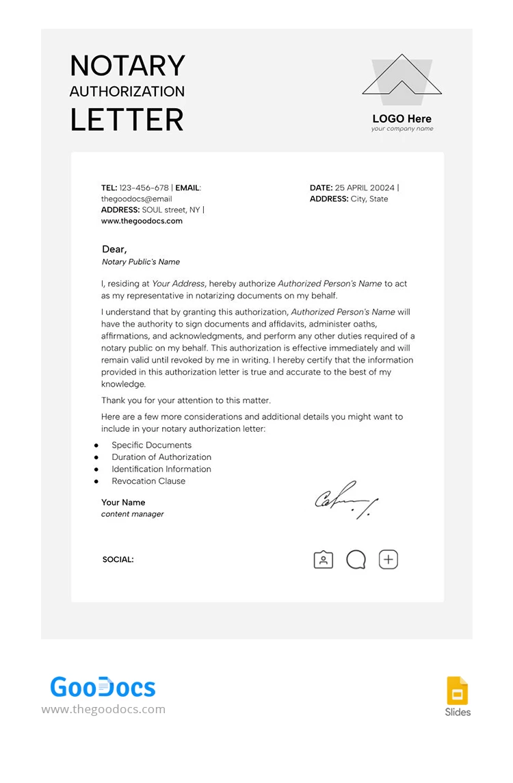 Notary Authorization Letter - free Google Docs Template - 10068337