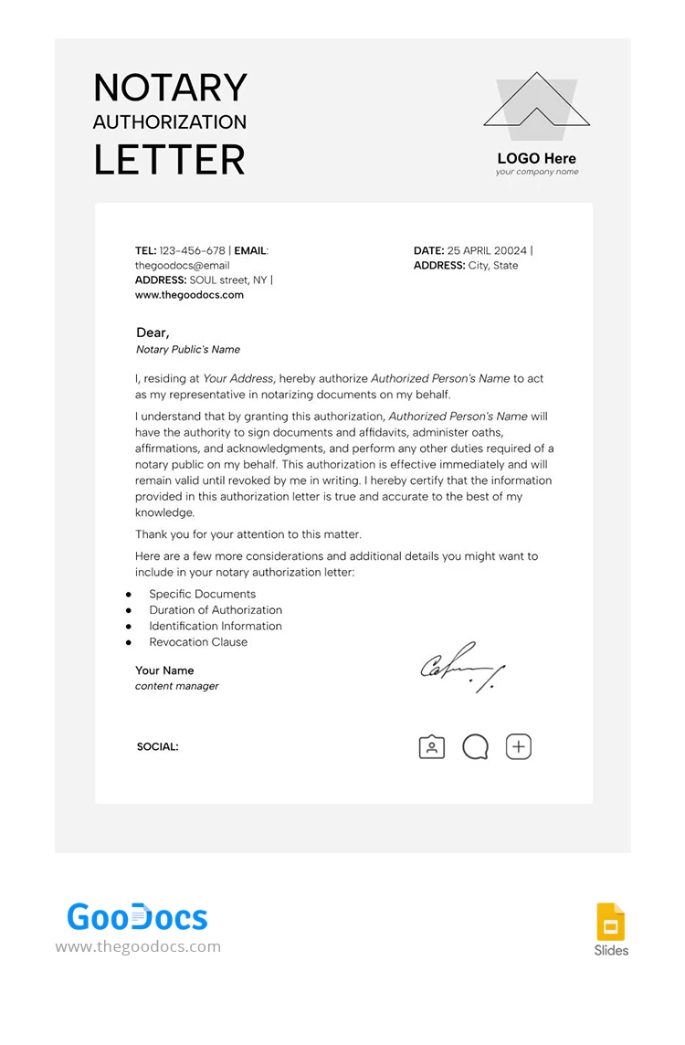 Lettre d'autorisation de notaire - free Google Docs Template - 10068337