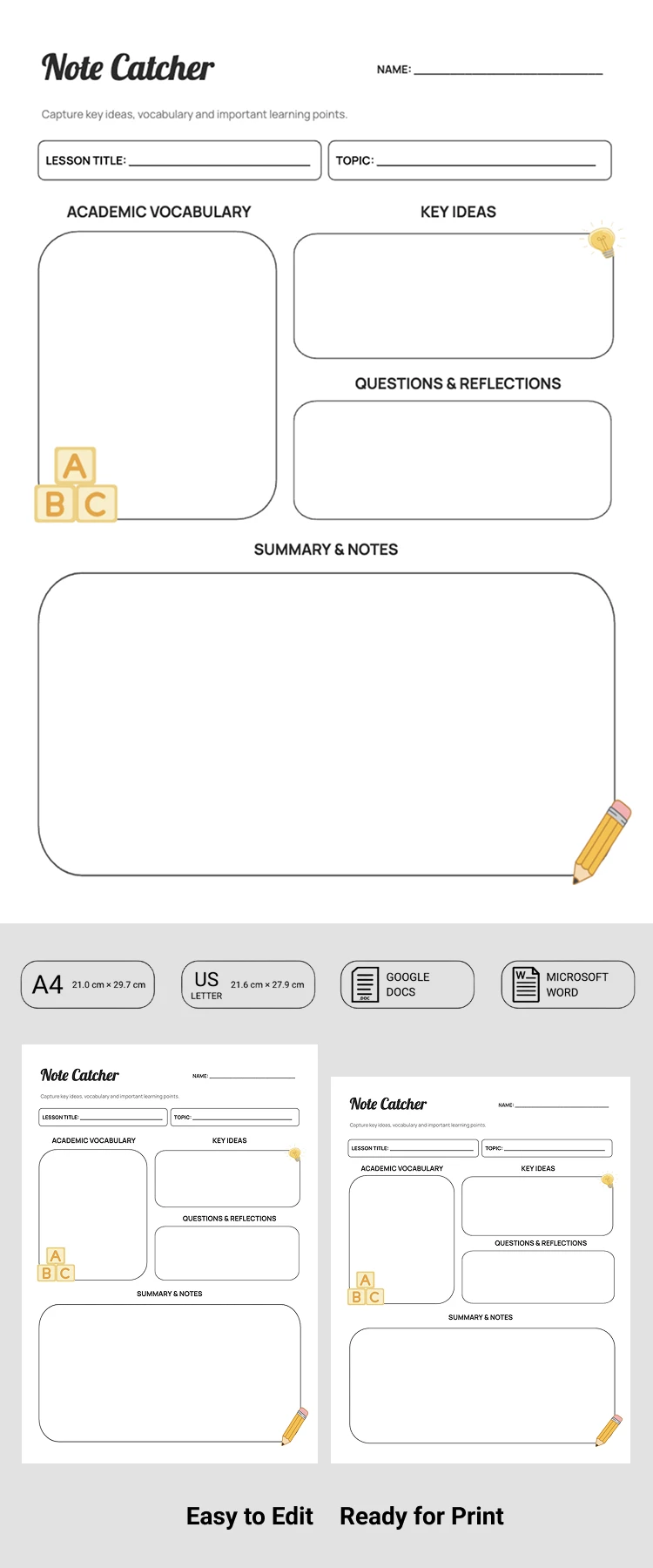 Preview of Note Catcher Template for Google Docs and Microsoft Word