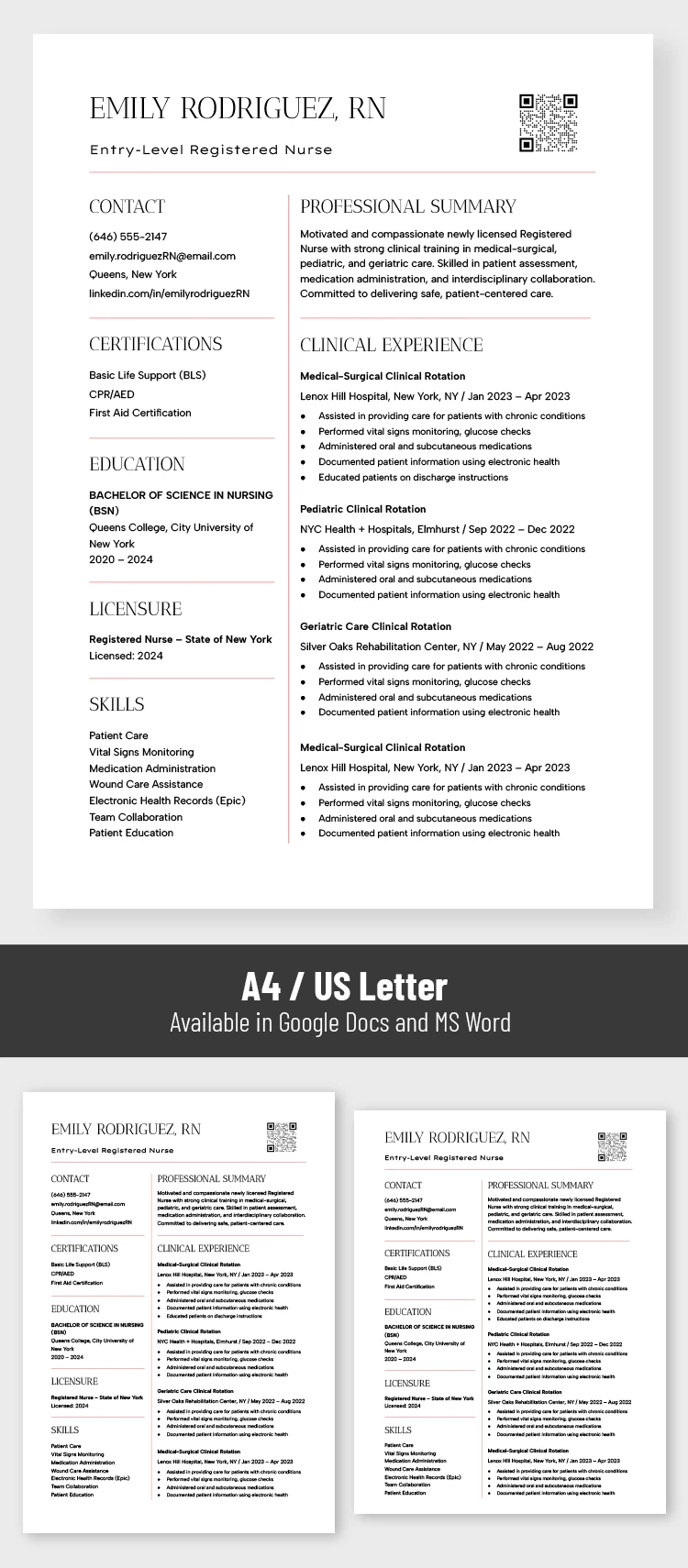 Preview of Nurse Entry-Level Resume Template for Google Docs and Microsoft Word