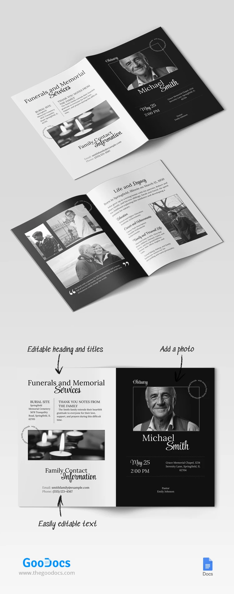 Brochura Bifold de Obituário - free Google Docs Template - 10068717