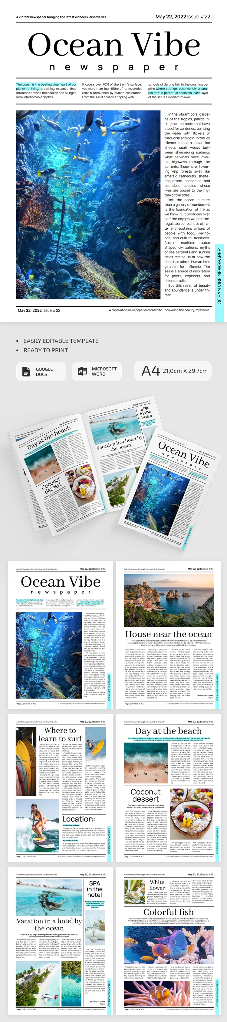Ocean Vibe Newspaper - free Google Docs Template - 10063861