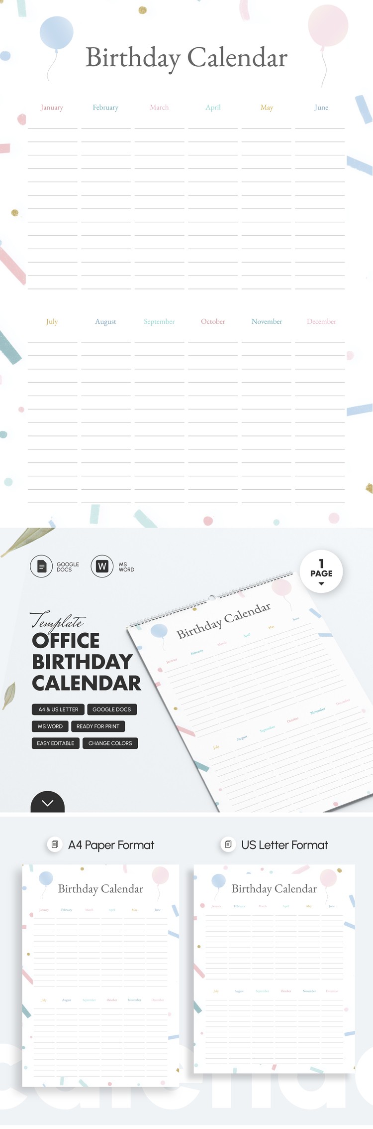 Free Printable Office Birthday Calendar Template in Google Docs and