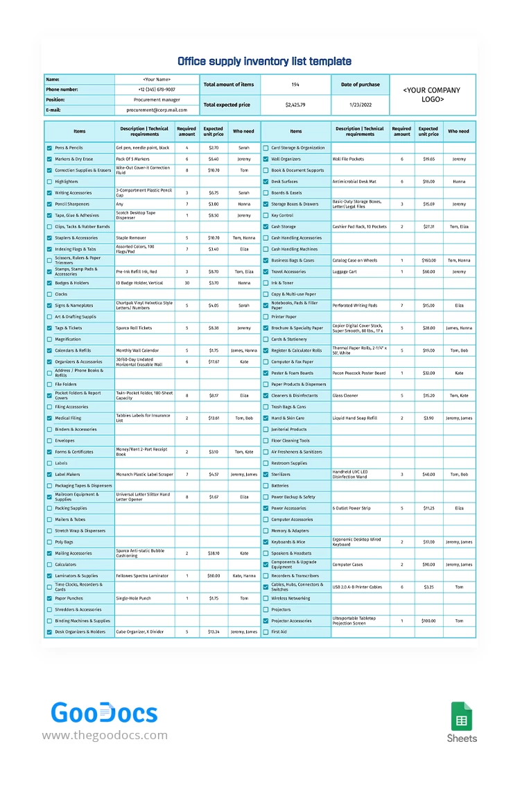 Elenco dell'inventario forniture per ufficio - free Google Docs Template - 10063259