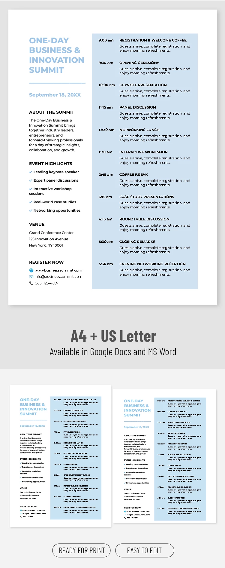 One Day Event Itinerary Template - free Google Docs Template - 10072720