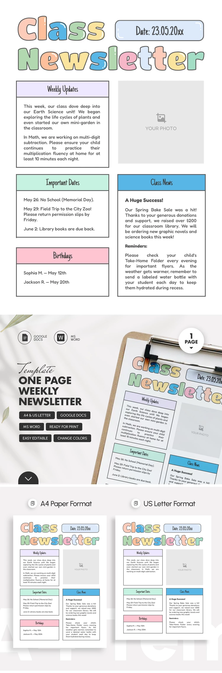 Preview of One Page Weekly Newsletter Template for Google Docs and Microsoft Word