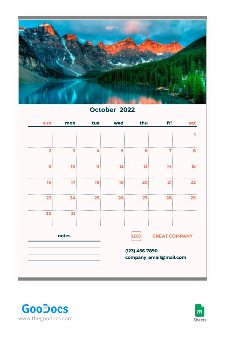 Calendrier mensuel orange et bleu. - free Google Docs Template - 10063329