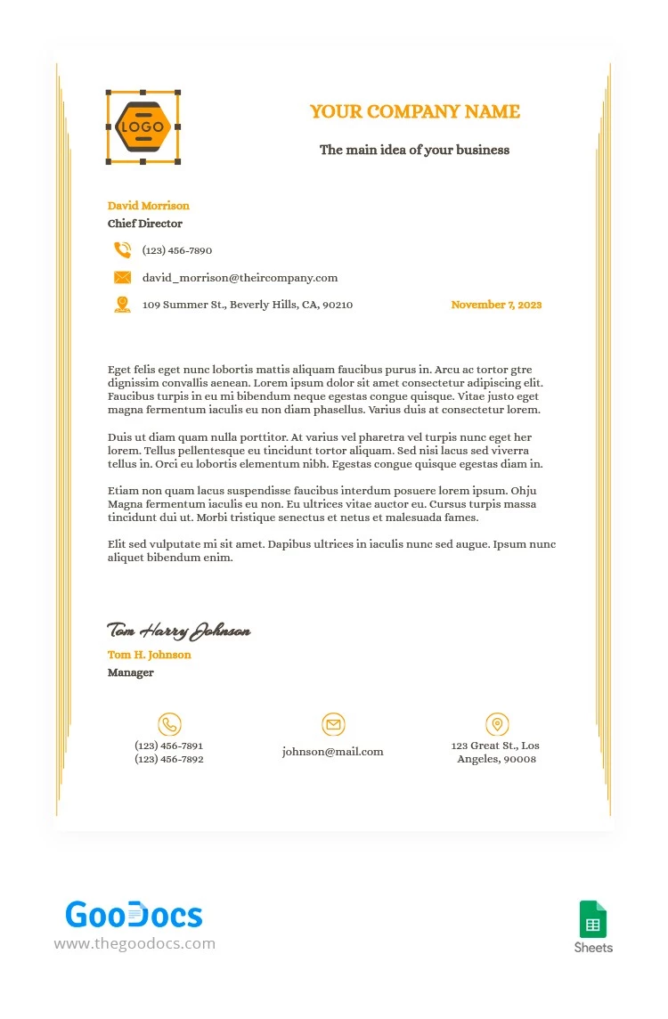 Carta intestata aziendale arancione e grigia - free Google Docs Template - 10064189