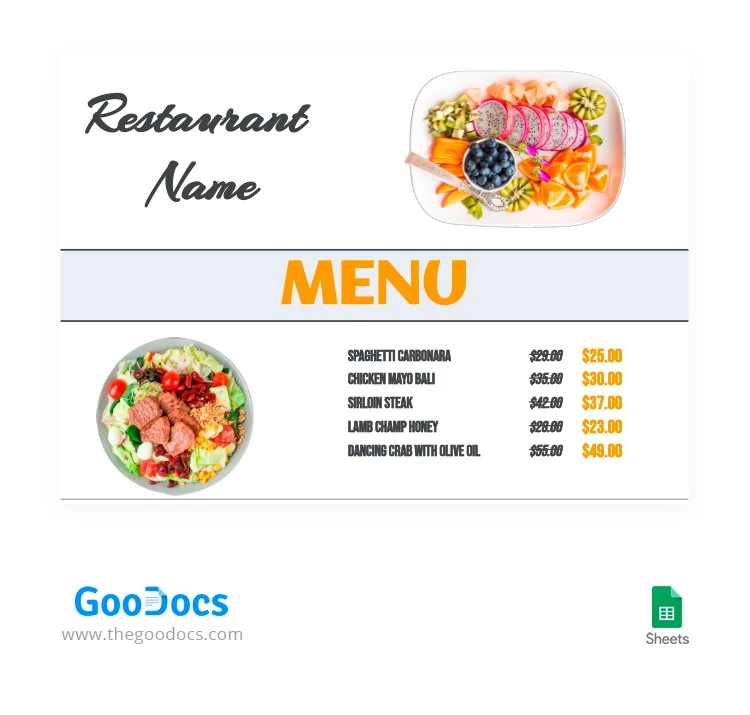 Menu del ristorante Arancione e Grigio - free Google Docs Template - 10063400