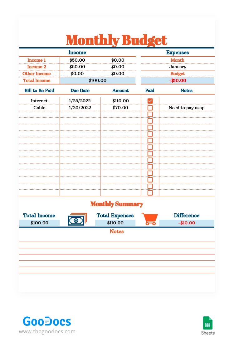 Presupuesto mensual de naranja - free Google Docs Template - 10062379