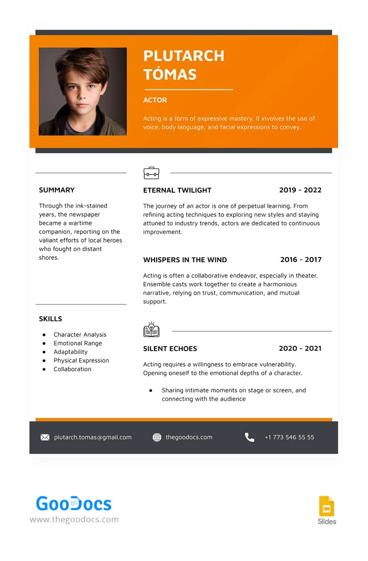 Orange Child Actor Resume - free Google Docs Template - 10067989