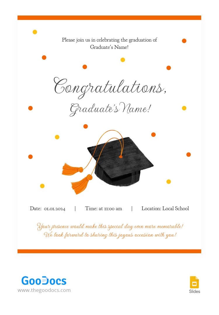 Orange Süße Abschlussfeier Einladung - free Google Docs Template - 10066276