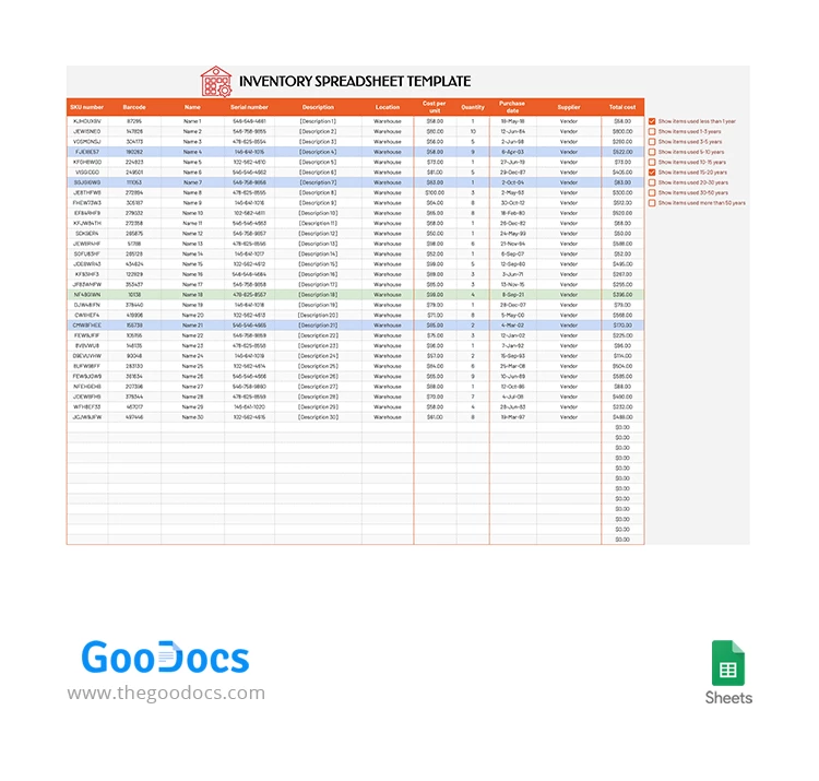 Feuille de calcul de l'inventaire Orange - free Google Docs Template - 10063663