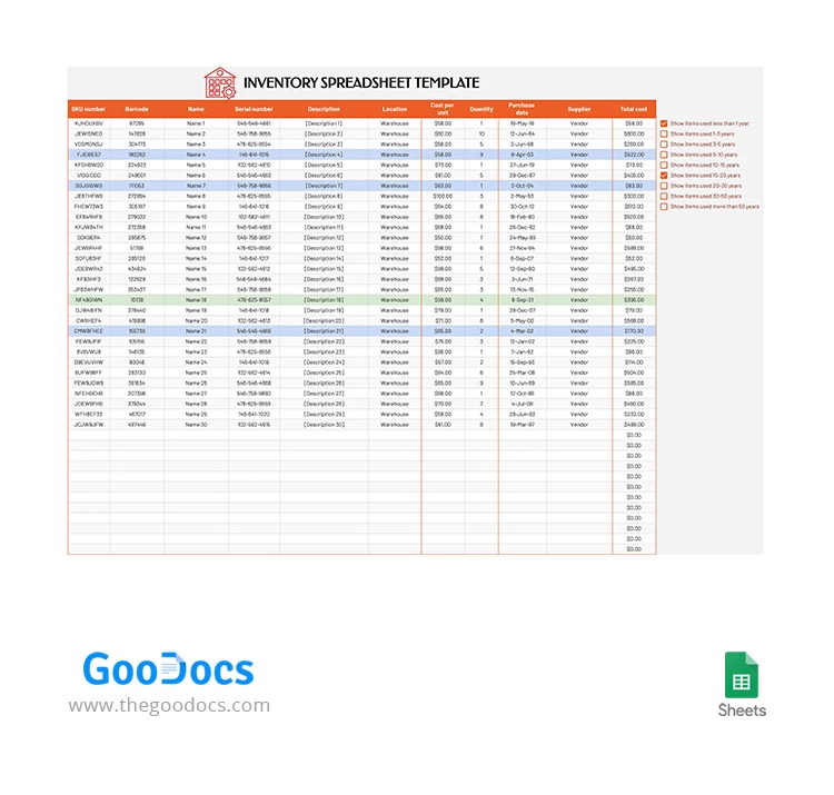 Hoja de cálculo de inventario de naranjas. - free Google Docs Template - 10063663