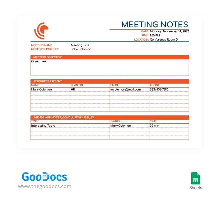 Note de réunion orange - free Google Docs Template - 10062903