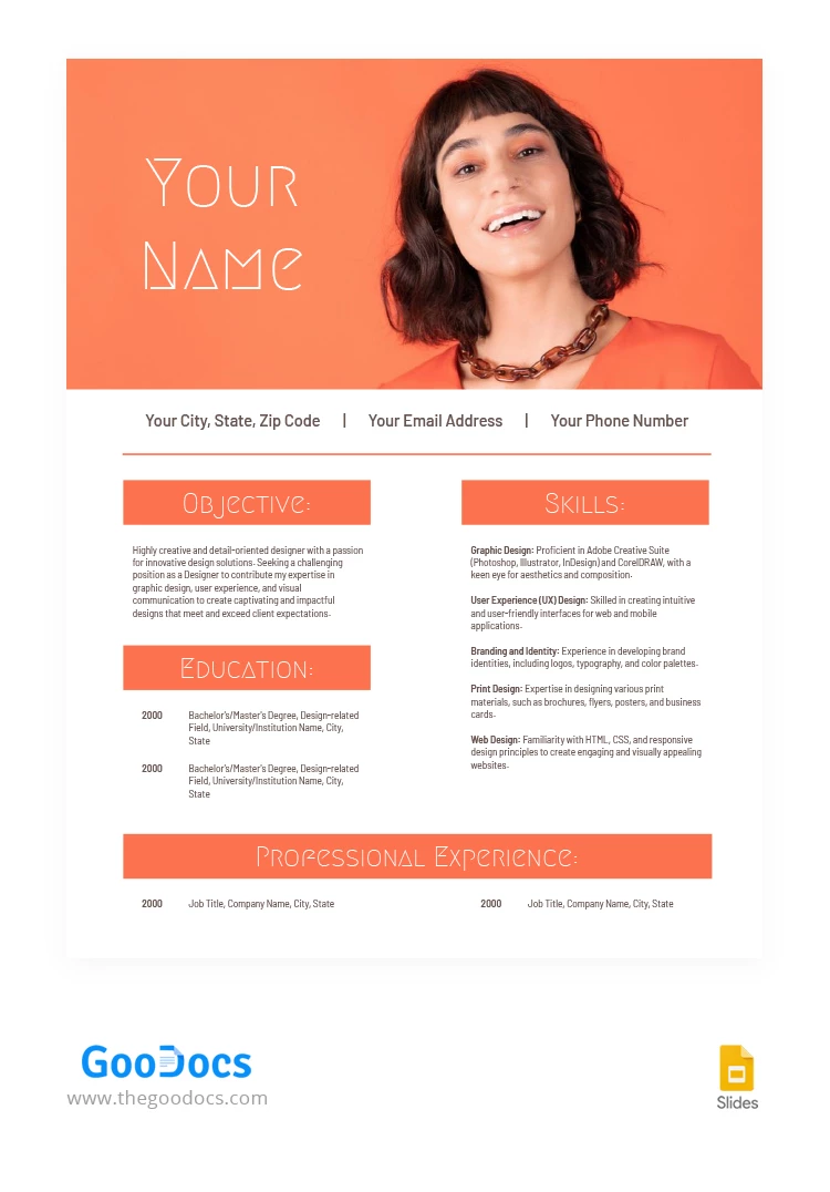 CV del diseñador moderno de color naranja - free Google Docs Template - 10066489