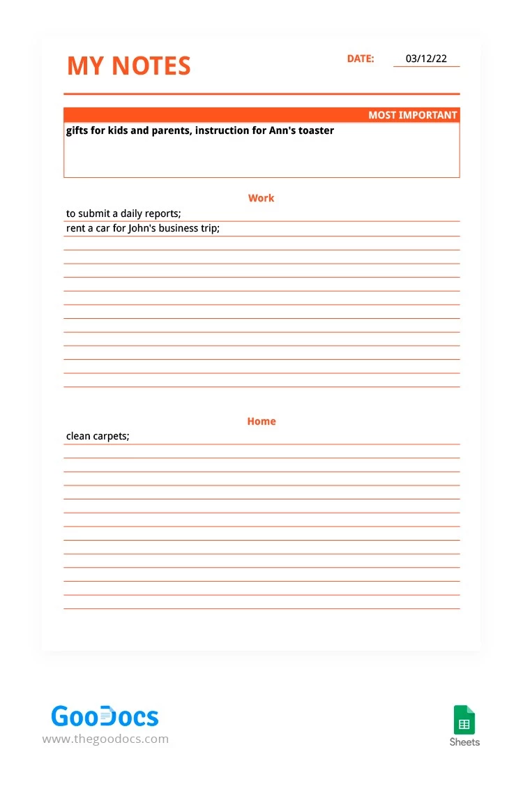 Orange Personal Notes - free Google Docs Template - 10063140