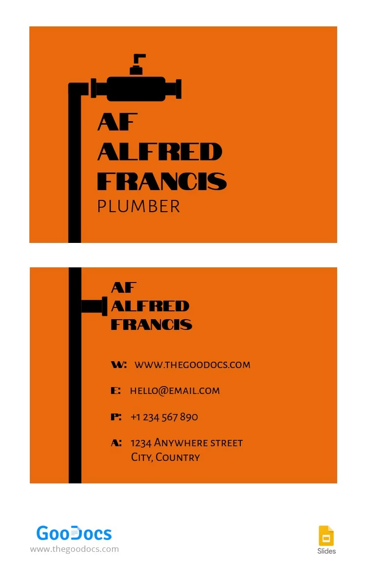 Tarjeta de presentación del fontanero naranja - free Google Docs Template - 10065209
