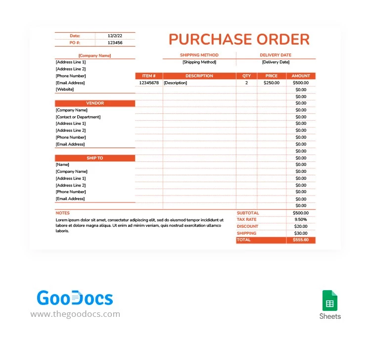 Ordine di acquisto arancione - free Google Docs Template - 10062773