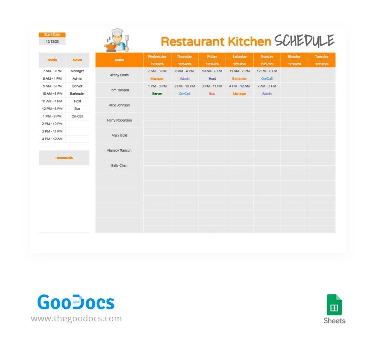 Calendrier de cuisine du restaurant Orange - free Google Docs Template - 10063948