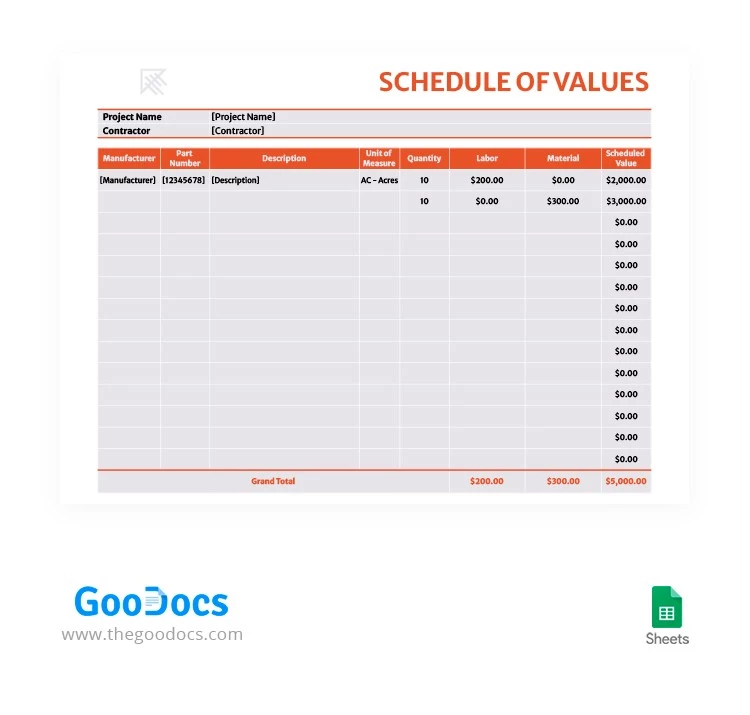 Orange Schedule of Values - free Google Docs Template - 10062936