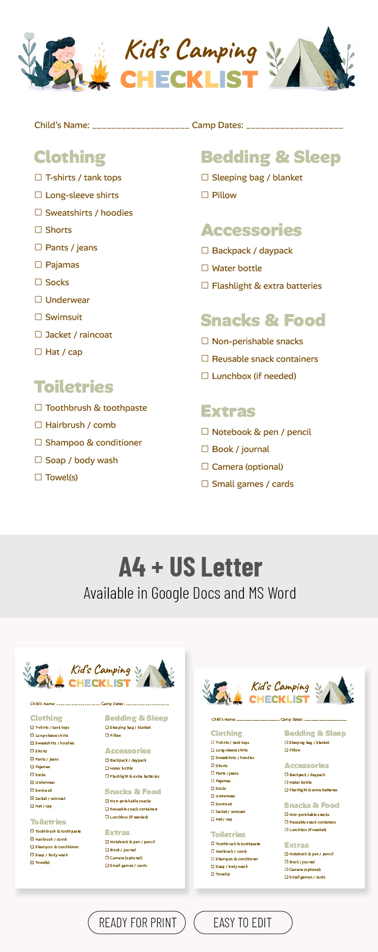 Packing List Template for Kids Going to Camp - free Google Docs Template - 10071739