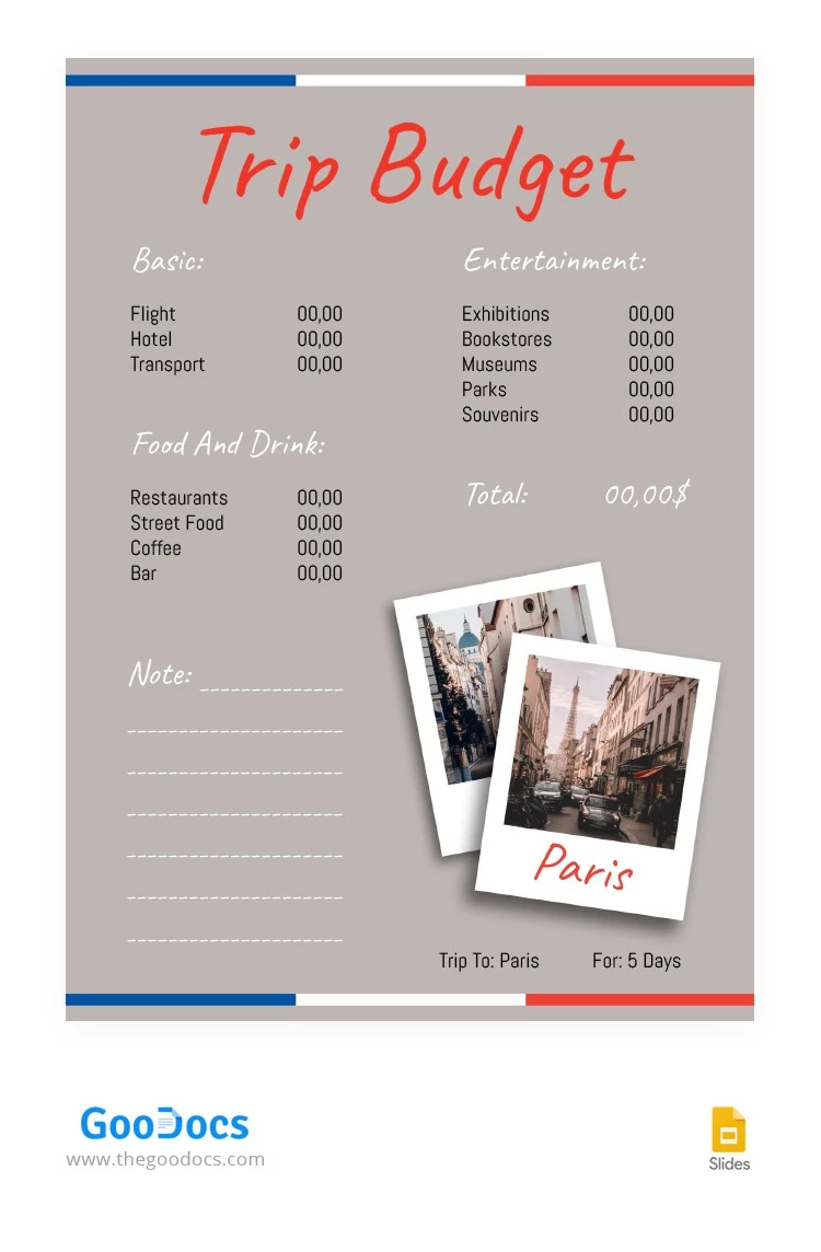 Budget du voyage à Paris - free Google Docs Template - 10063219