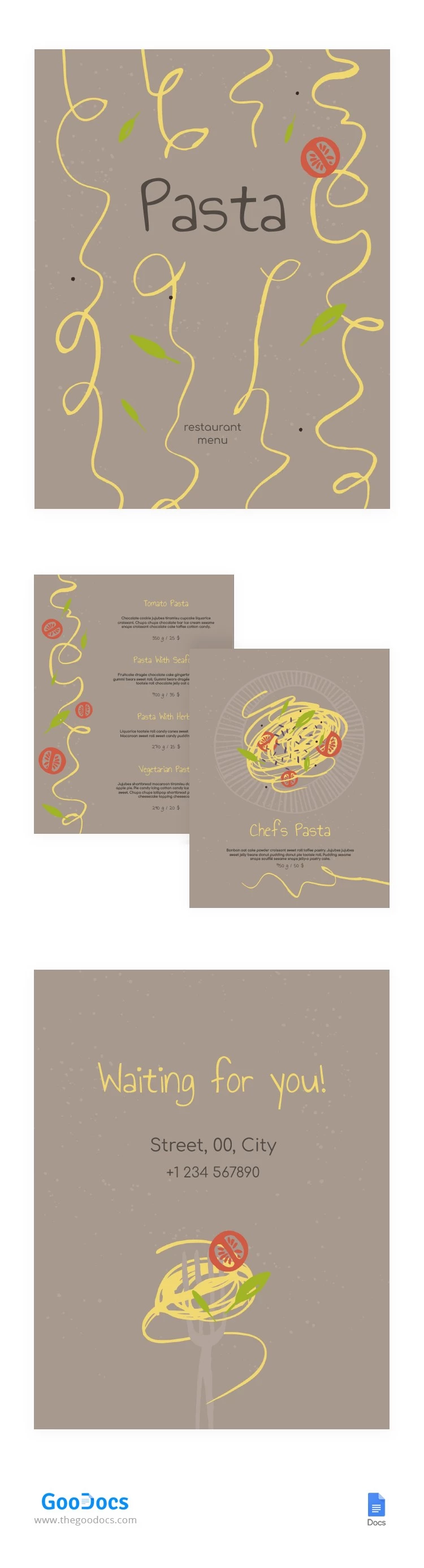 Menú de restaurante de pasta - free Google Docs Template - 10064020