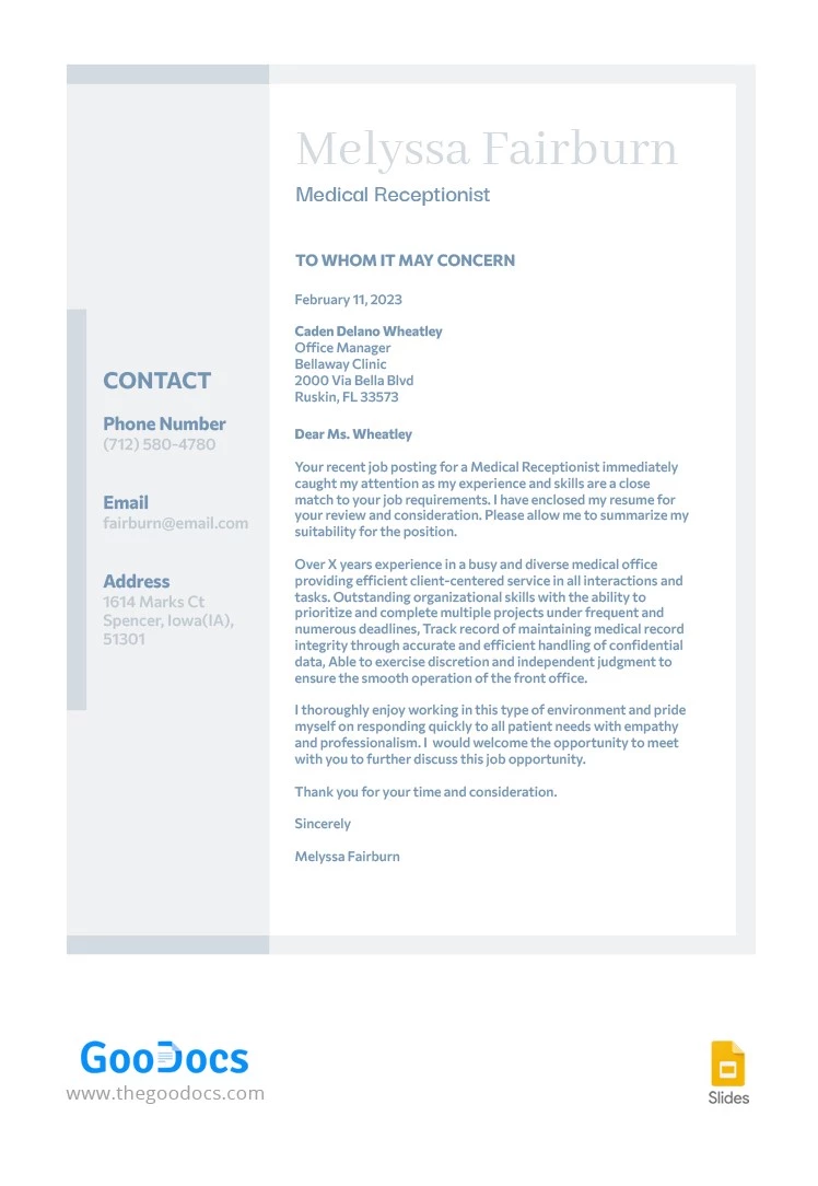 Carta de presentación de tapa azul pastel - free Google Docs Template - 10063820