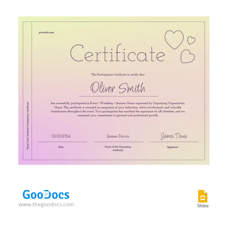 Certificato di partecipazione con sfondo a gradiente di colori pastello - free Google Docs Template - 10067263