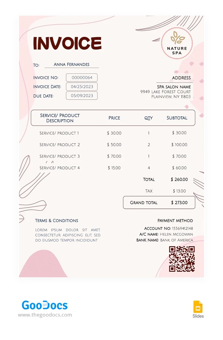 Facture du Spa Pastel - free Google Docs Template - 10066076