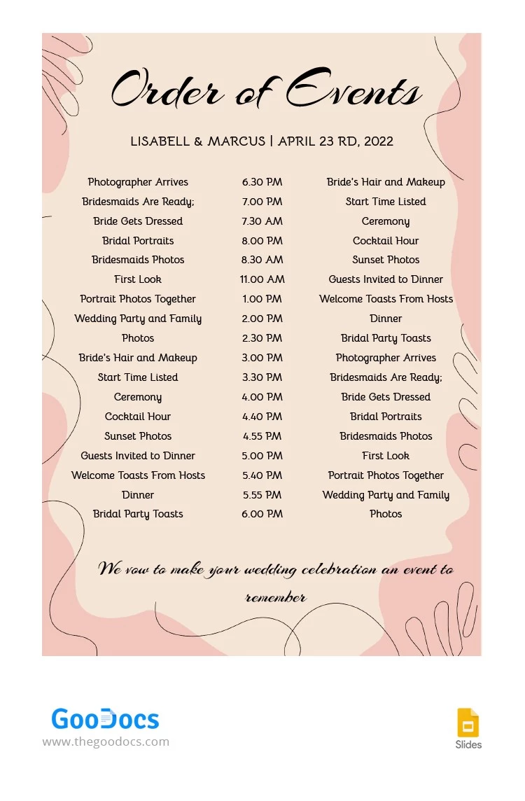 Pastel Wedding Schedule - free Google Docs Template - 10063481
