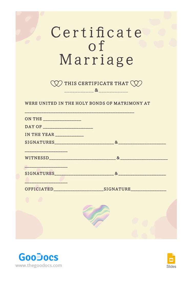 Certificado de casamento amarelo pastel - free Google Docs Template - 10066345