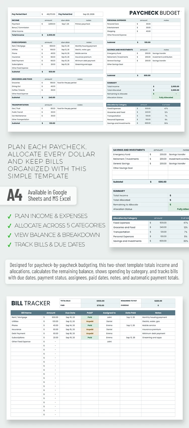 Preview of Paycheck Budget Template for Google Sheets and Microsoft Excel
