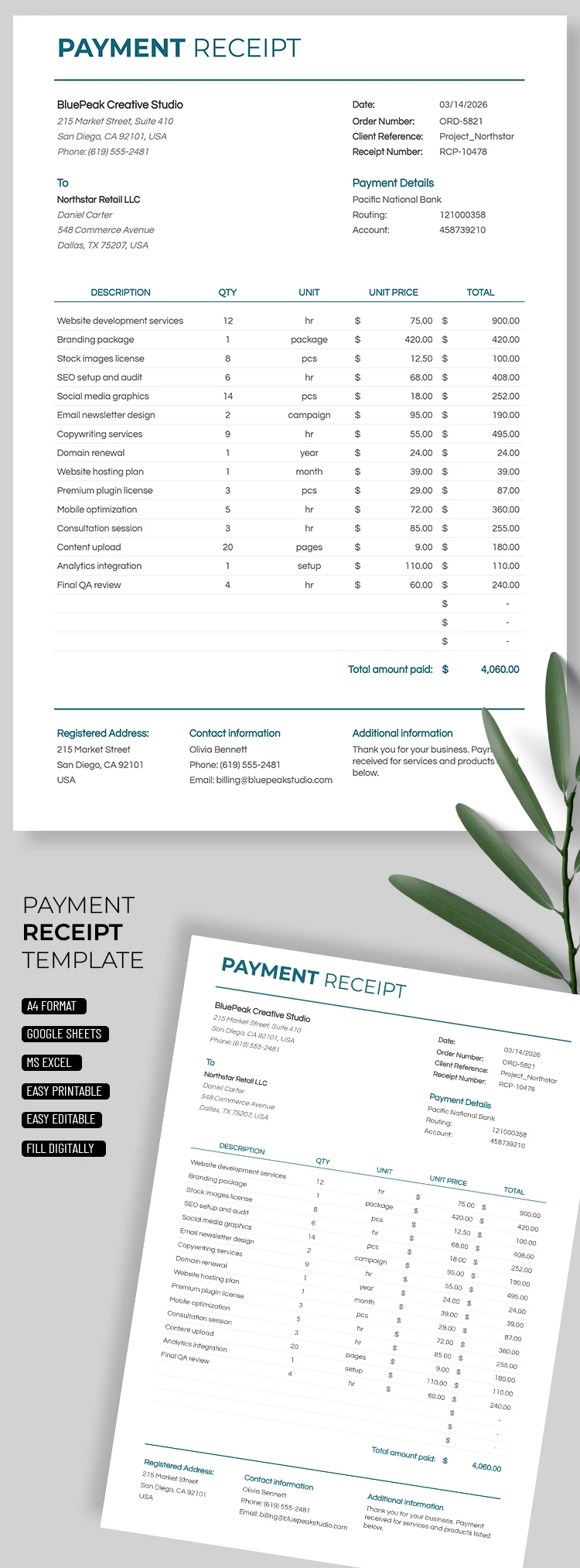 Preview of Payment Receipt Template for Google Sheets and Microsoft Excel