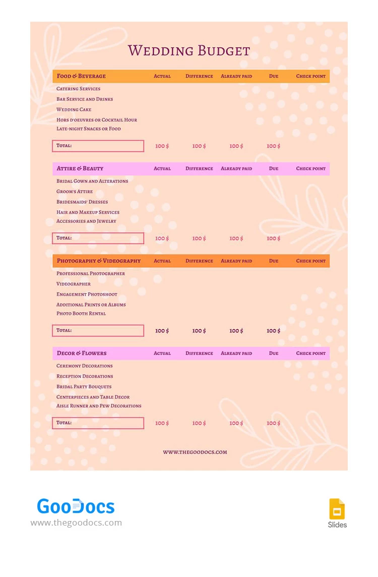 Budget de mariage en pastel pêche - free Google Docs Template - 10066325