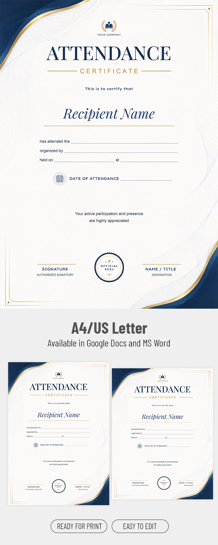 Pré-visualização de Modelo de Certificado de Presença Perfeita para Google Docs and Microsoft Word