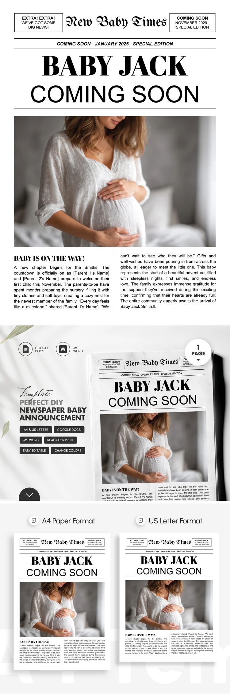 Modèle parfait d'annonce de naissance de bébé à faire soi-même à partir du journal - free Google Docs Template - 10072386