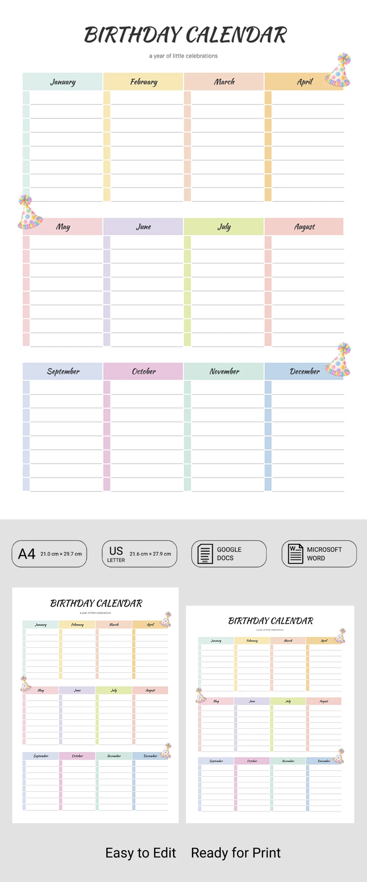 Preview of Perpetual Birthday Calendar Template for Google Docs and Microsoft Word