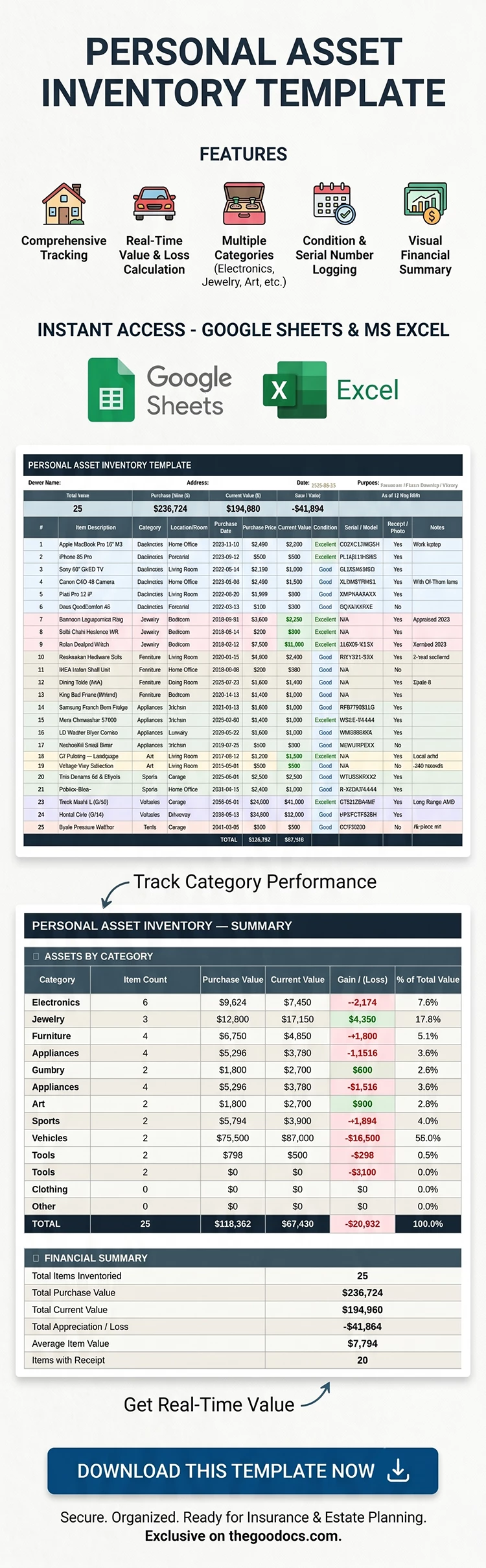 Preview of Personal Asset Inventory Template for Google Sheets and Microsoft Excel