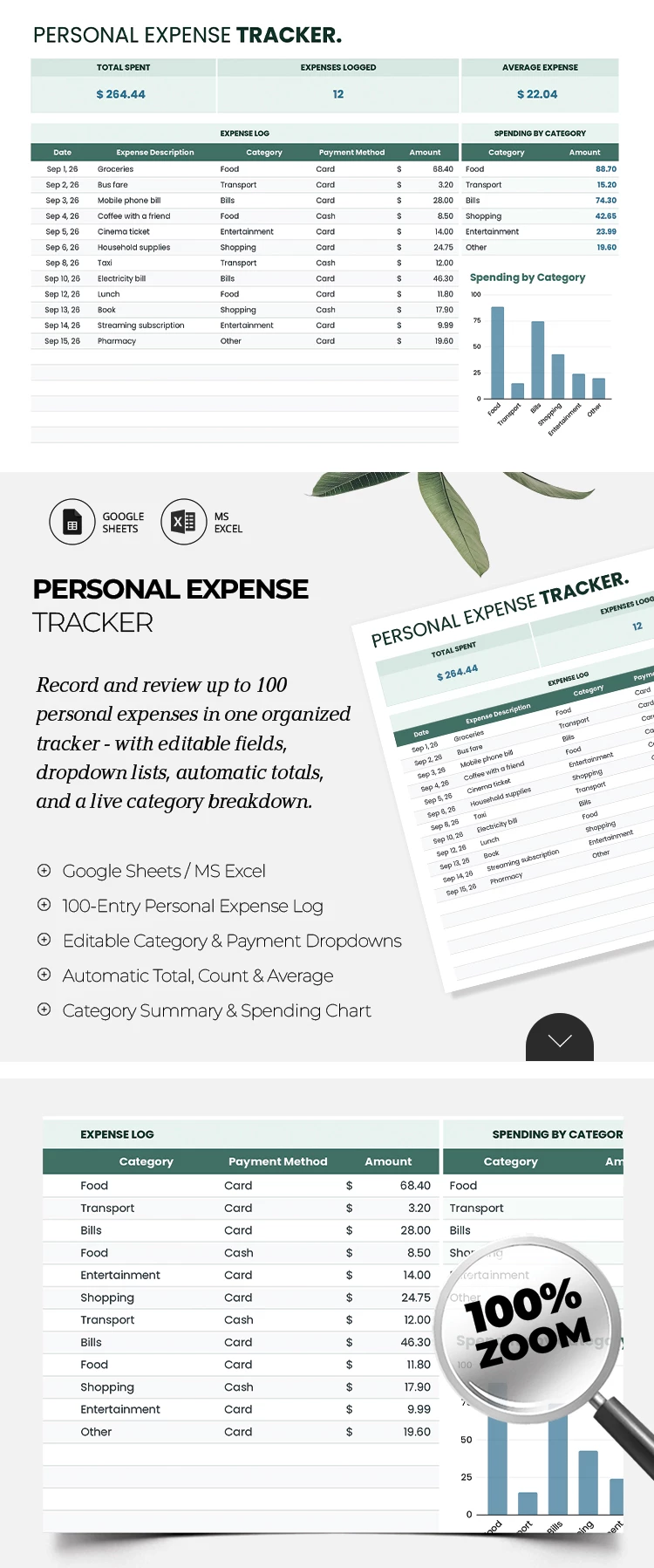 Preview of Personal Expense Tracker Template for Google Sheets and Microsoft Excel