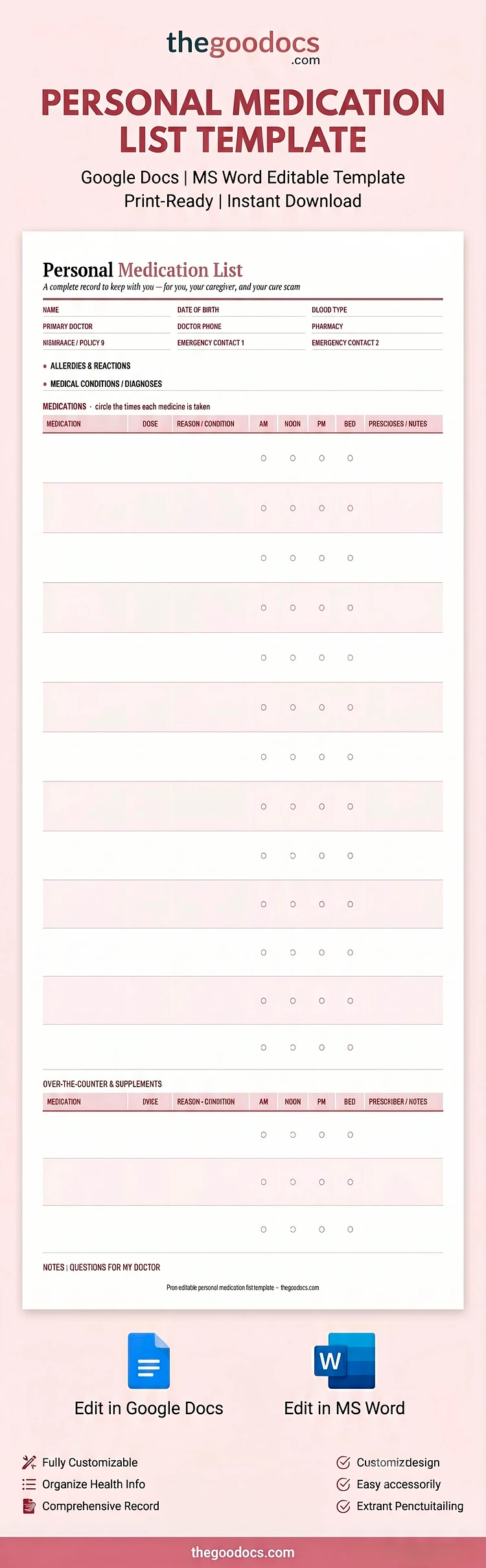 Preview of Personal Medication List Template for Google Docs and Microsoft Word