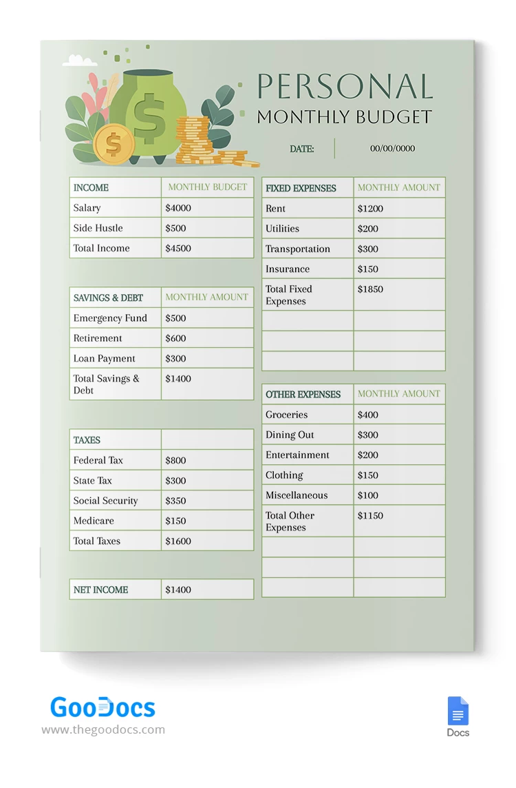 Personal Monthly Budget - free Google Docs Template - 10067828