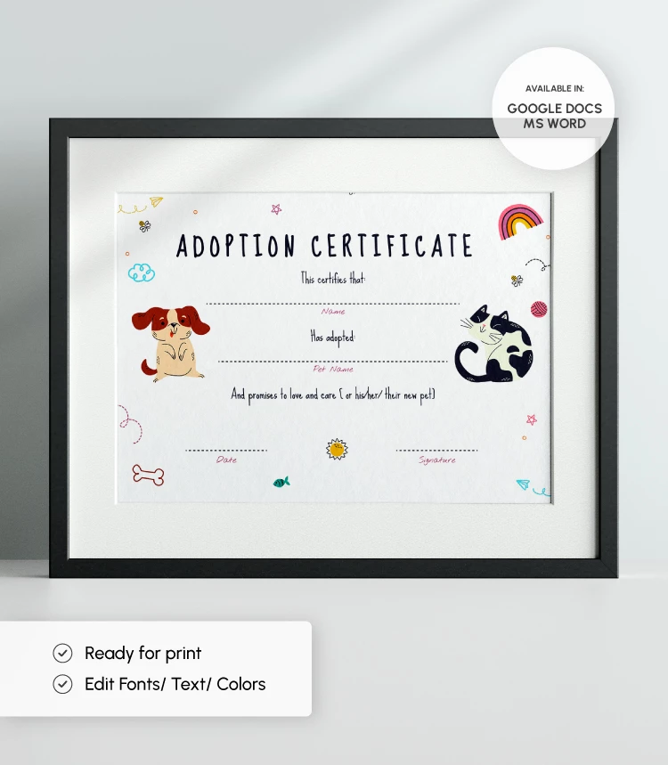 Certificado de Adoção de Animais de Estimação - free Google Docs Template - 10068972