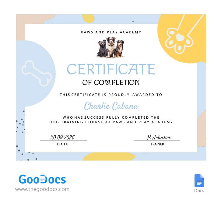 Certificat d'animal de compagnie - free Google Docs Template - 10067281