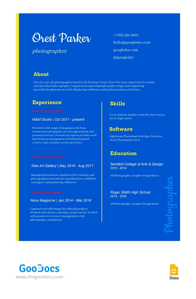 Fotografia curriculum vitae - free Google Docs Template - 10062986