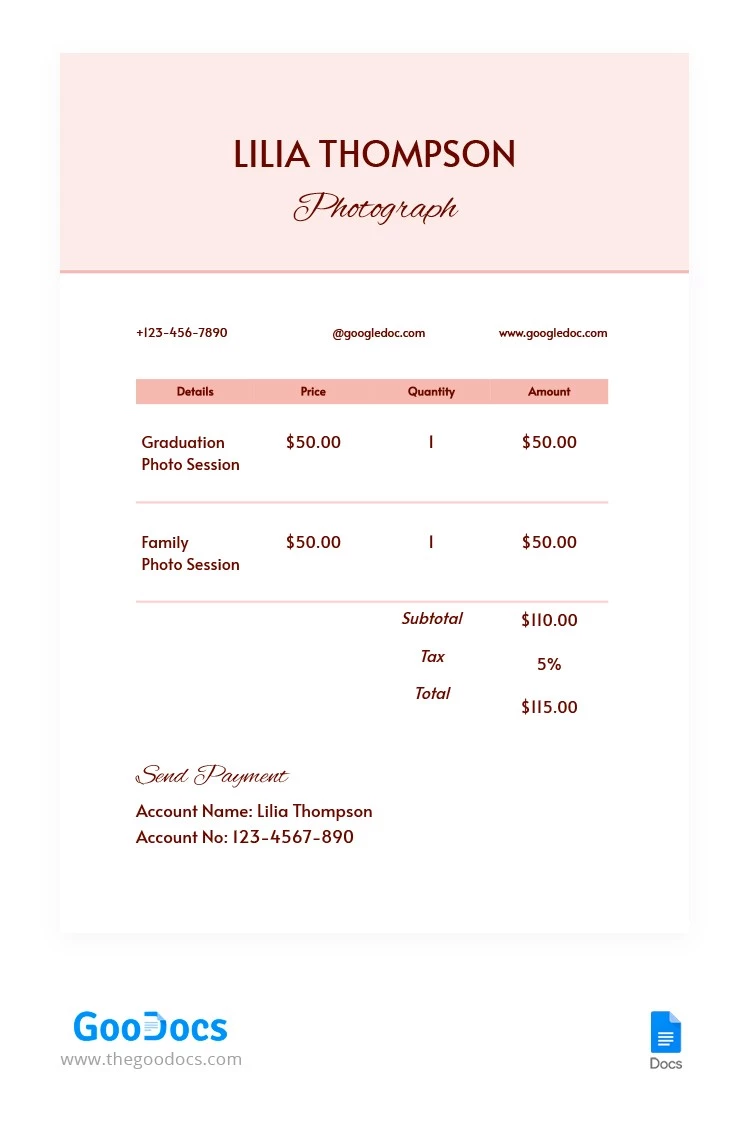 Photograph Invoice - free Google Docs Template - 10062199